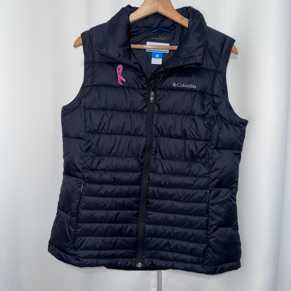 Columbia Womens Black Puffer Vest Pink Ribbon Breast Cancer Awareness Size L